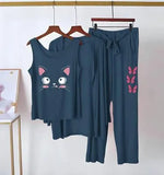 3 Pcs Women's Jersey Printed Night Suit with Shorts - Blue