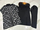 Elegant Black Shamoz Silk Embroidered Gown Suit - 3 Piece Set