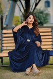 Elegant Blue Velvet Plain Maxi Dress for Women - Free Size