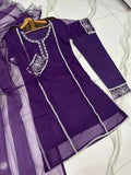 Elegant Purple Organza Embroidered 3 Piece Women's Suit