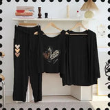 Black Printed Jersey 3-Piece Women's Night Suit with Shorts