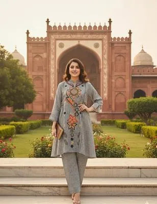Stylish Grey Khaddar Printed 2 Piece Women's Shirt & Trouser Set