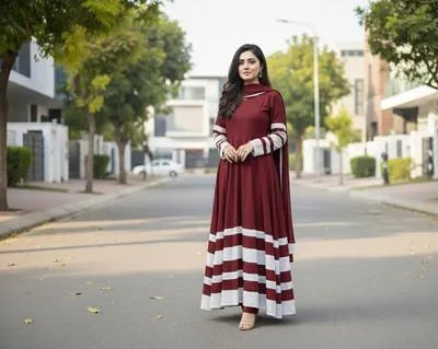 Elegant Maroon Crinkle Chiffon Applique 3 Piece Suit for Women