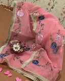 Elegant Peach Organza Dupatta with Hand Work - Unique Design