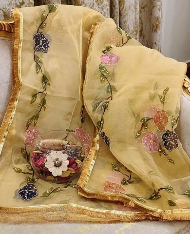 Golden Organza Dupatta with Hand Work & Heavy Beads - Unique Design