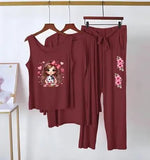 Maroon Jersey Printed 3-Piece Women's Sleep Wear Set