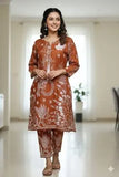 Elegant Brown Linen Block Printed 2 Piece Frock & Trouser Set