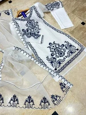 Elegant Blue Organza Embroidered 3 Piece Women's Suit