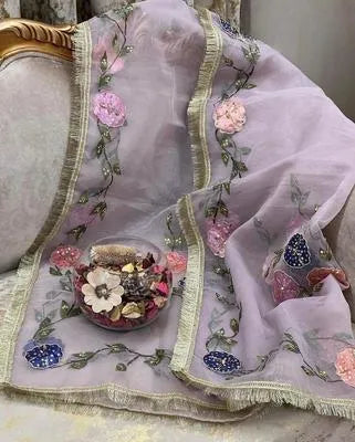 Purple Organza Hand Work Dupatta with Unique Design