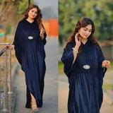 Elegant Blue Velvet Plain Maxi Dress for Women - Free Size