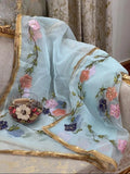 Elegant Blue Organza Dupatta with Brush Paint & Beads Detail