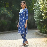 Trendy Printed Crystal Wool 2-Piece Women's Outfit in Blue