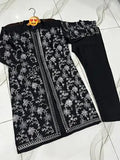 Elegant Black Shamoz Silk Embroidered Gown Suit - 3 Piece Set