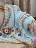 Elegant Blue Organza Dupatta with Brush Paint & Beads Detail