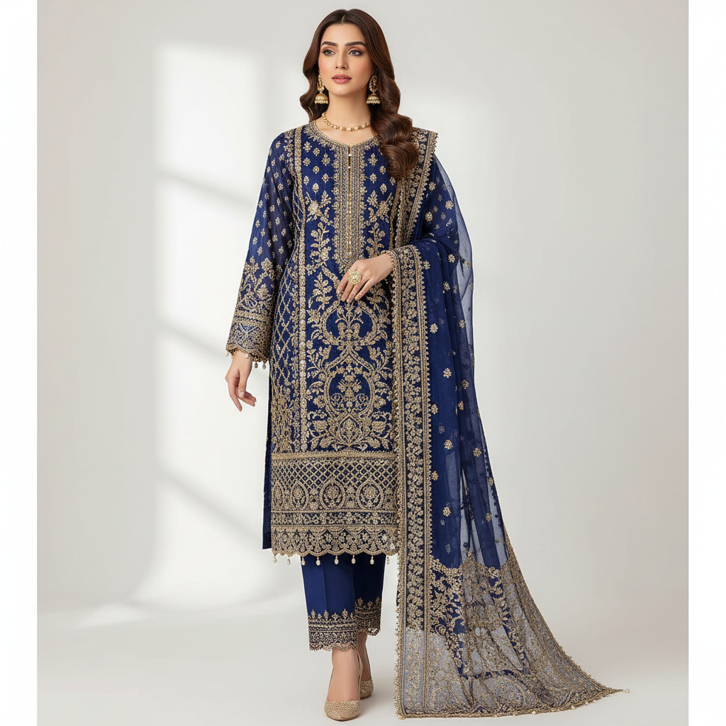 Real Pakistani woman model wearing complete three-piece designer replica suit with embroidered dupatta, kameez, and trouser.
Square format 1:1 ratio, full body shot, model showcasing intricate embellishments, traditional Pakistani formal wear, elegant pose, category tile image.